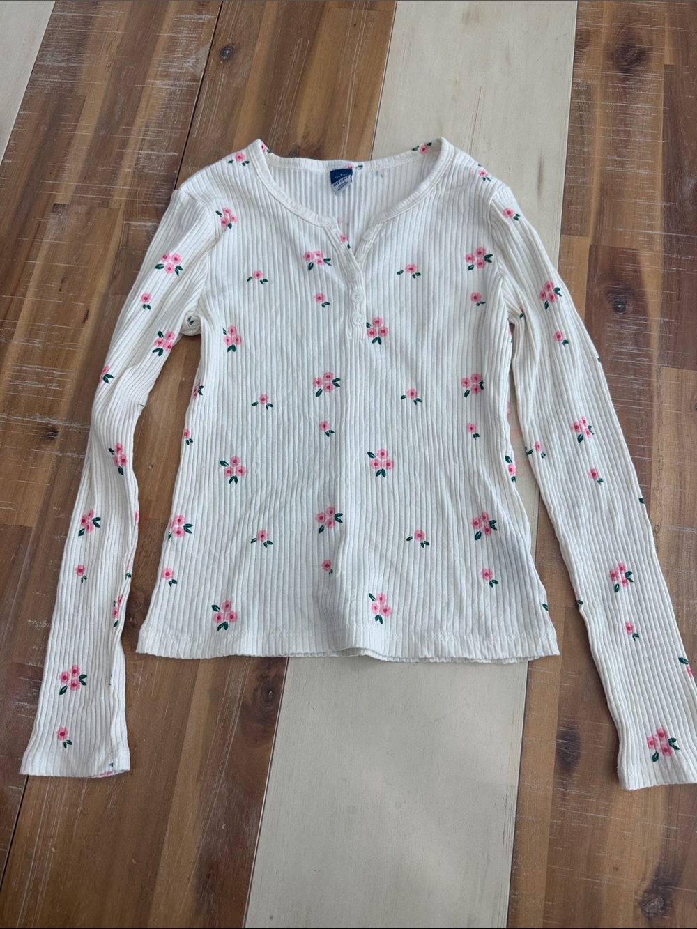 Old Navy White Ribbed Henley Long-Sleeve Top with Pink Floral Print (10/12)